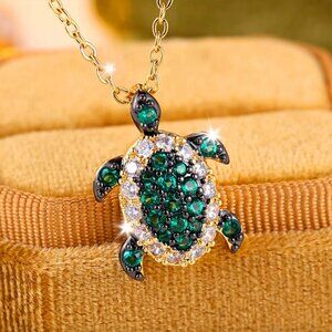 NEW 14k Yellow Gold Diamond Turtle Necklace Emerald Green Turtle Pendant Chain